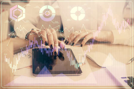 Double exposure of forex chart sketch hologram and woman holding and using a mobile device....