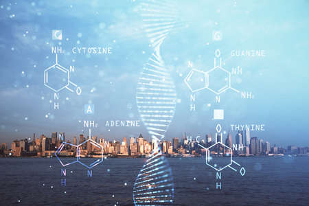 Double exposure of DNA drawing and cityscape background. Concept of education.の写真素材