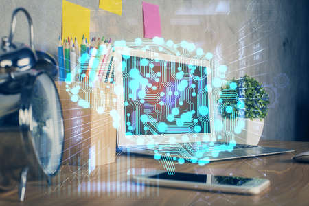 Double exposure of desktop computer and human brain drawing hologram. Ai concept.の写真素材
