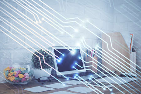 Multi exposure of desktop with personal computer and tech theme drawing. Concept of Bigdata.の写真素材