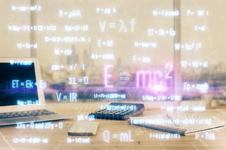 Desktop computer background and formula hologram writing. Double exposure. Education concept.