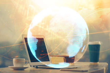 Multi exposure of business theme icons and table with computer background. Concept of success.