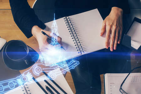 Start up creative drawing over close up hands on background. Concept of brainstorming. Multi exposureの写真素材