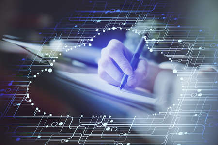 Double exposure of hands making notes background with technology and digital coding huds. Data learning concept.の写真素材