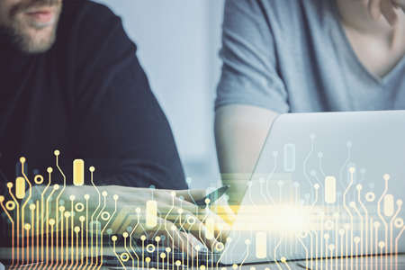 Multi exposure of data internet theme hologram with man working on computer on background. Concept...