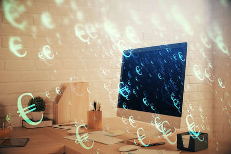 Double exposure of stock market graph drawing and office interior background. Concept of financial analysis.の写真素材