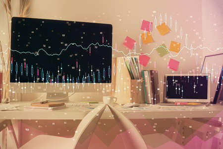 Double exposure of financial graph drawing and office interior background. Concept of stock market.