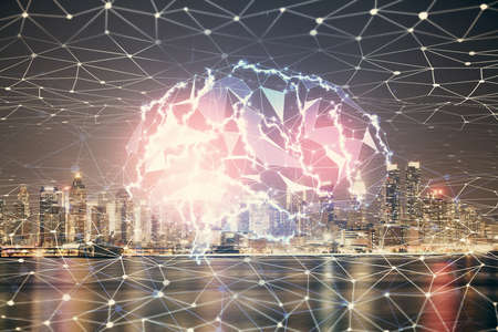 Brain hologram drawing on city scape background Double exposure. Brainstorming concept.