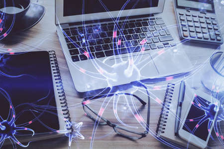 Desktop computer background and neuron drawing. Double exposure. Education concept.