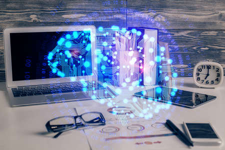 Double exposure of desktop computer and human brain drawing hologram. Ai concept.