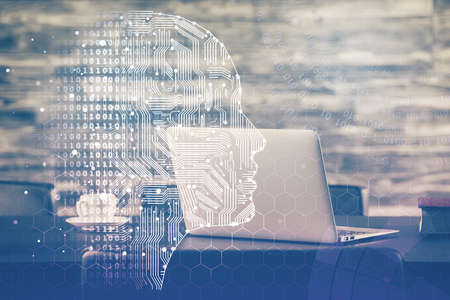 Double exposure of desktop computer and human brain drawing hologram. Ai concept.