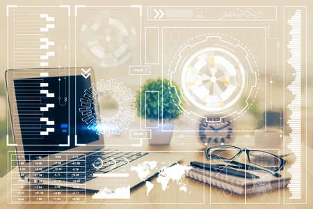 Double exposure of desktop with computer on background and tech theme drawing. Concept of big data.