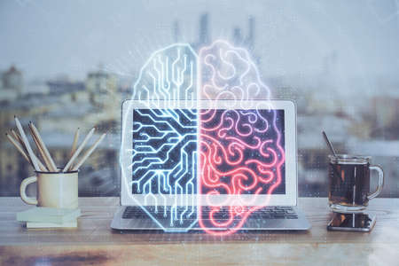 Multi exposure of work space with computer and human brain hologram. Brainstorm concept.の写真素材