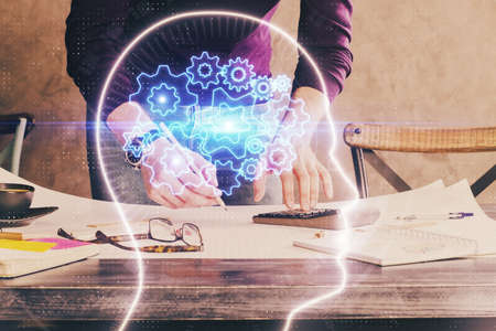 Haman brain double exposure icon with man hands background. Concept of Ai.