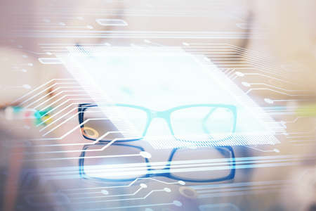 Double exposure of writing hand on background with data solution technology hologram. Ai concept.