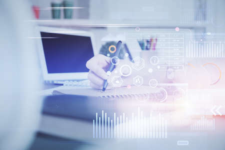 Multi exposure of woman hands on background with technology coding hologram. Data concept.