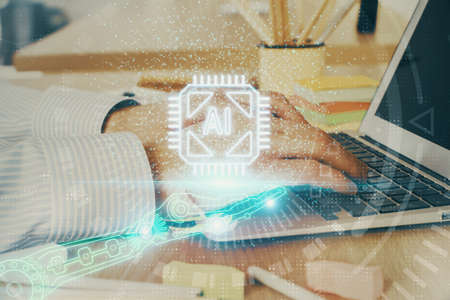 Businessman working on Laptop with technology theme drawing. Concept of big data. Double exposure.