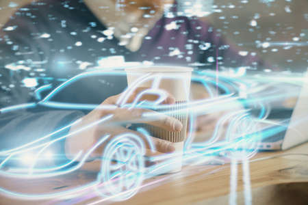 Automobile theme drawing with businessman working on computer on background. Autopilot taxi concept....