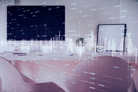 Multi exposure of stock market chart drawing and office interior background. Concept of financial...