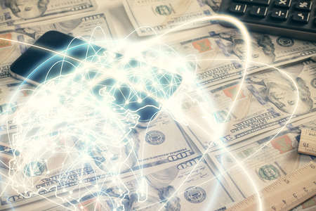 Multi exposure of business theme drawing over us dollars bill background. Concept of financial success.の写真素材