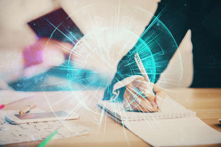 Double exposure of business theme drawing over people taking notes background. Concept of financial worldの写真素材