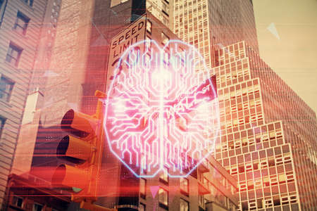 Brain hologram drawing on cityscape background multi exposure. Ai in modern city concept.の写真素材