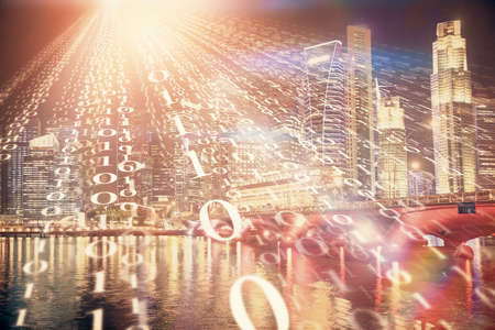Data theme hologram drawing on city view with skyscrapers background multi exposure. Ai concept.