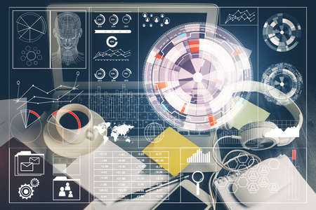 Double exposure of desktop with computer on background and tech theme drawing. Concept of big data.