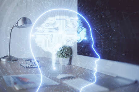 Double exposure of work space with computer and human brain drawing hologram. Brainstorm concept.の写真素材