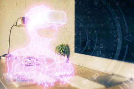 Computer on desktop with AR theme icon. Multi exposure. Concept of augmented reality.