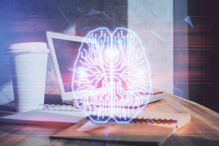 Multi exposure of work space with computer and human brain hologram. Brainstorm concept.の写真素材