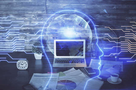 Multi exposure of work space with computer and human brain hologram. Brainstorm concept.