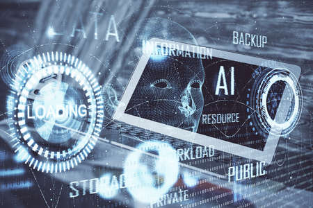 Double exposure of laptop computer and technology theme hologram. Concept of freelance work.の写真素材