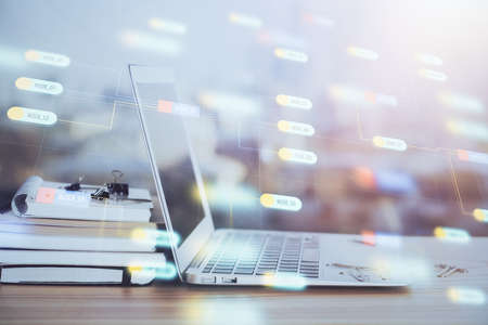 Double exposure of computer and technology theme drawing. Concept of innovation.の写真素材