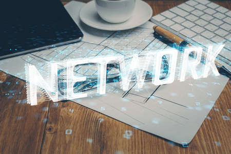 Data tech hologram with glasses on the table background. Concept of technology. Double exposure.の写真素材