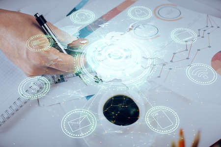 Mans hands working with notes background. Social networking concept. Crowd sourcing. Global...