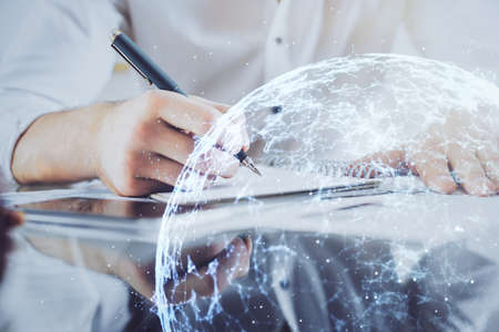 Mans hands working with notes background. Social networking concept. Crowd sourcing. Global...