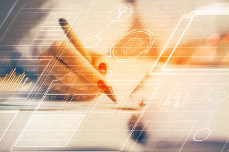 Multi exposure of womans writing hand on background with data technology hologram. Concept of...