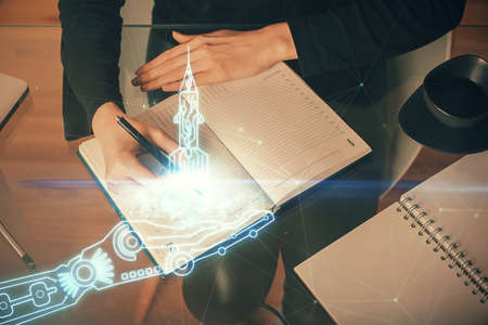 Start up creative drawing over close up hands on background. Concept of brainstorming. Multi...