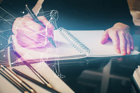 Start up creative drawing over close up hands on background. Concept of brainstorming. Multi...