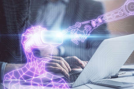 AR hologram with man working on computer on background. Augmented reality concept. Double exposure.