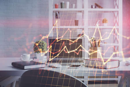 Double exposure of financial graph drawing and office interior background. Concept of stock market.