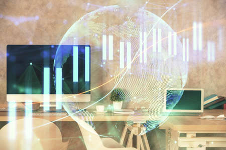 Multi exposure of financial graph drawing and office interior background. Concept of market analysis.の写真素材