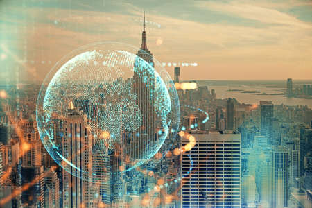 Map and data theme hologram on city view with skyscrapers background double exposure. International...