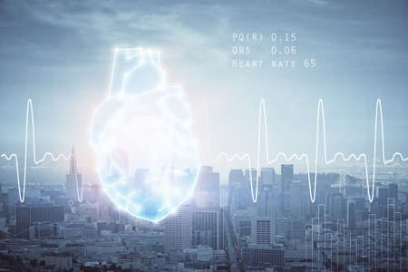 Double exposure of heart icon and cityscape background.
