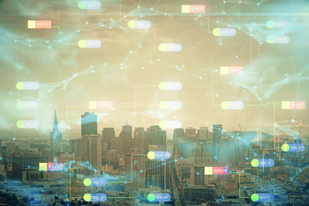 Data theme hologram drawing on city view with skyscrapers background double exposure. Technology concept.の写真素材