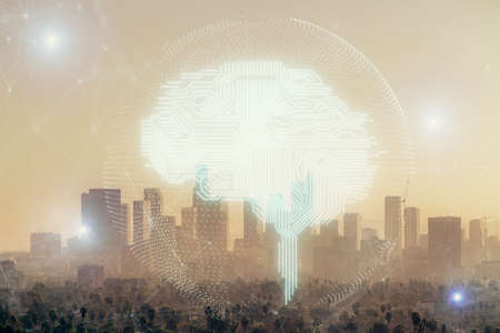 Brain hologram drawing on cityscape background multi exposure. Ai in modern city concept.の写真素材