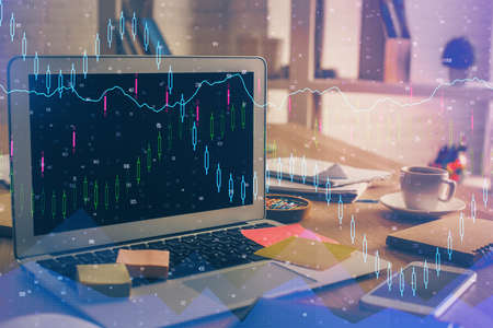 Multi exposure of forex graph and work space with computer. Concept of international online trading.