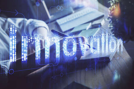 Multi exposure of womans hands on background with technology and digital coding icons. Data development concept.の写真素材