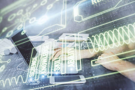 Science hologram with man working on computer on background. Concept of study. Double exposure.